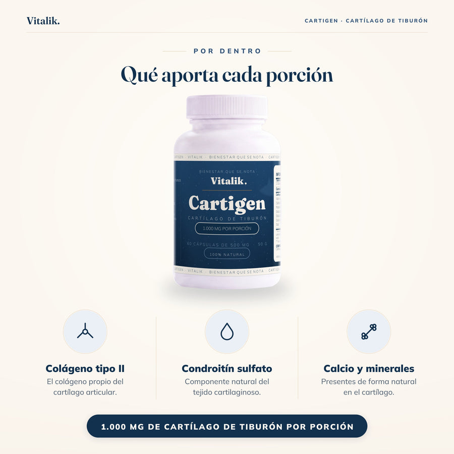 Qué aporta cada porción de Cartigen Vitalik: colágeno tipo II, condroitín sulfato, calcio y minerales