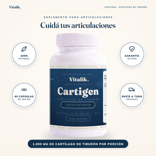 Cartigen Vitalik · cartílago de tiburón: 100% natural, 60 cápsulas de 500 mg, garantía de 30 días y envío a todo Uruguay