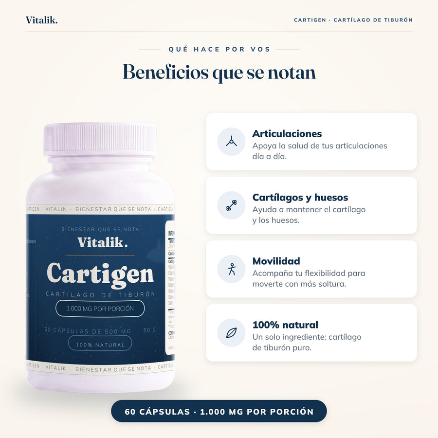 Beneficios de Cartigen Vitalik: apoya articulaciones, ayuda a mantener cartílagos y huesos, movilidad y 100% natural